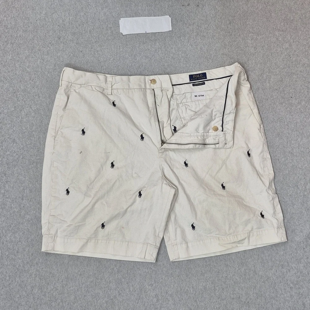 Polo Ralph Lauren Men Shorts 40 Beige Embroidered Chino Twill Stretch Pony AOP